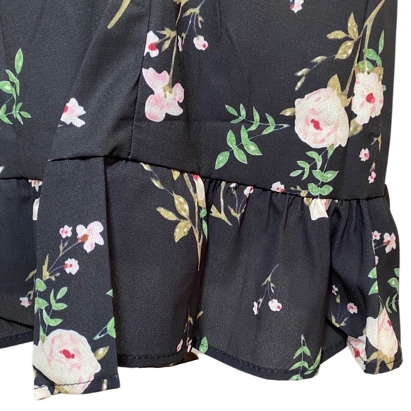Boho Black Floral Short Sleeve Chiffon Mini Dress - Picture 14 of 16